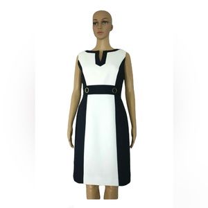 Tahari Sleeveless V-Neck Navy Blue & White Dress Sz 6P